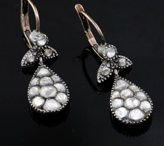 A pair of antique gold, silver and rose cut diamond set teardrop shaped drop earrings, 25mm.